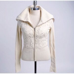 Vintage Cache Womens Small Cream‎ Faux Fur Gold Sequin Ribbed Y2K Zip Up Sweater